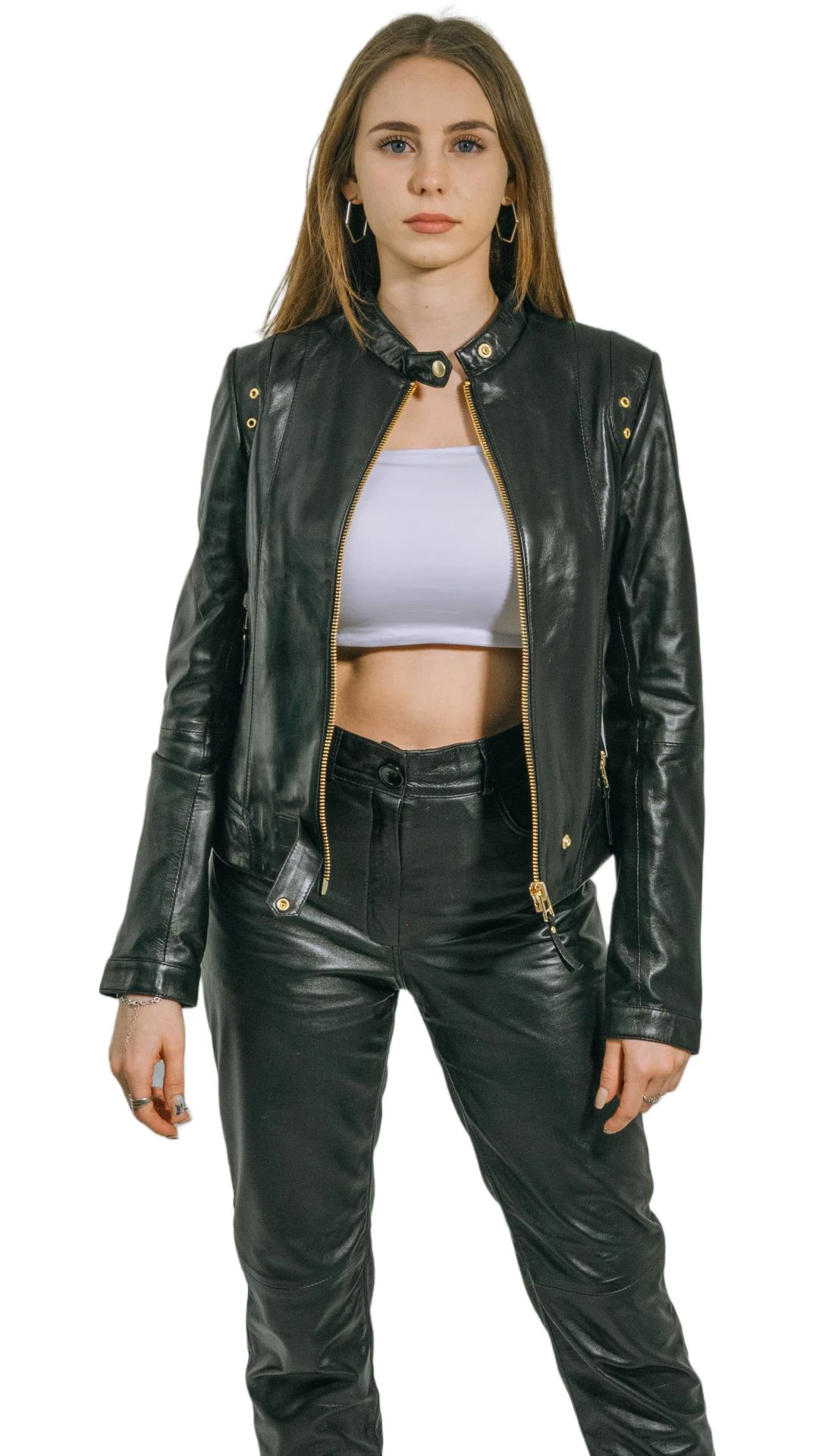 Viky Genuine Leather Women's Jacket with Gold Color Accessories